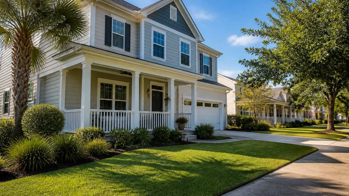 A two-story single-family home with a covered porch and a well-kept front lawn in a suburban South Carolina neighborhood, photographed in warm afternoon light