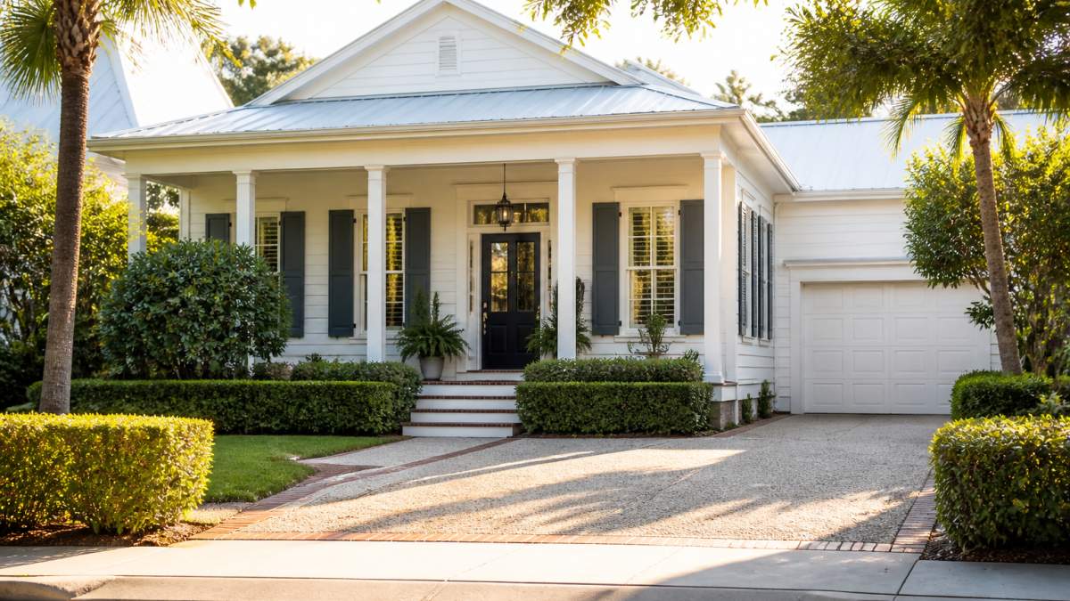 A single-story Charleston home with a freshly painted front door, trimmed hedges, and a clean driveway, photographed in warm afternoon light
