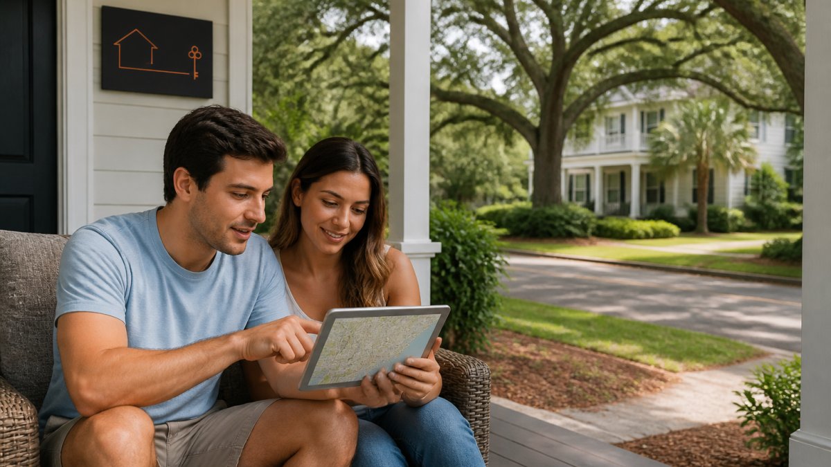 A young couple reviewing a neighborhood map on a tablet while sitting on the porch of a suburban Charleston home, oak trees and a quiet street visible behind them