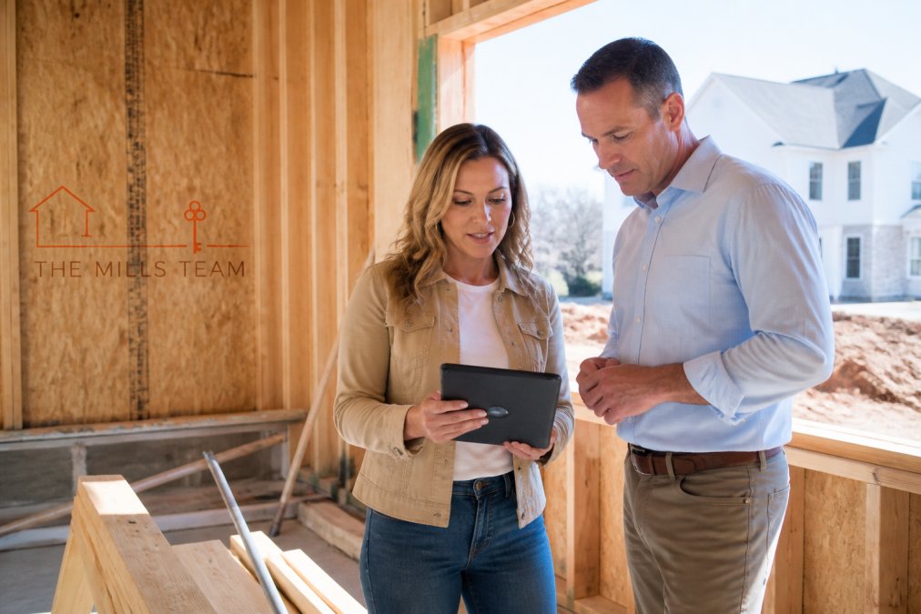 Homebuyer reviewing builder reviews and ratings on a tablet while walking through a new construction site with a real estate agent