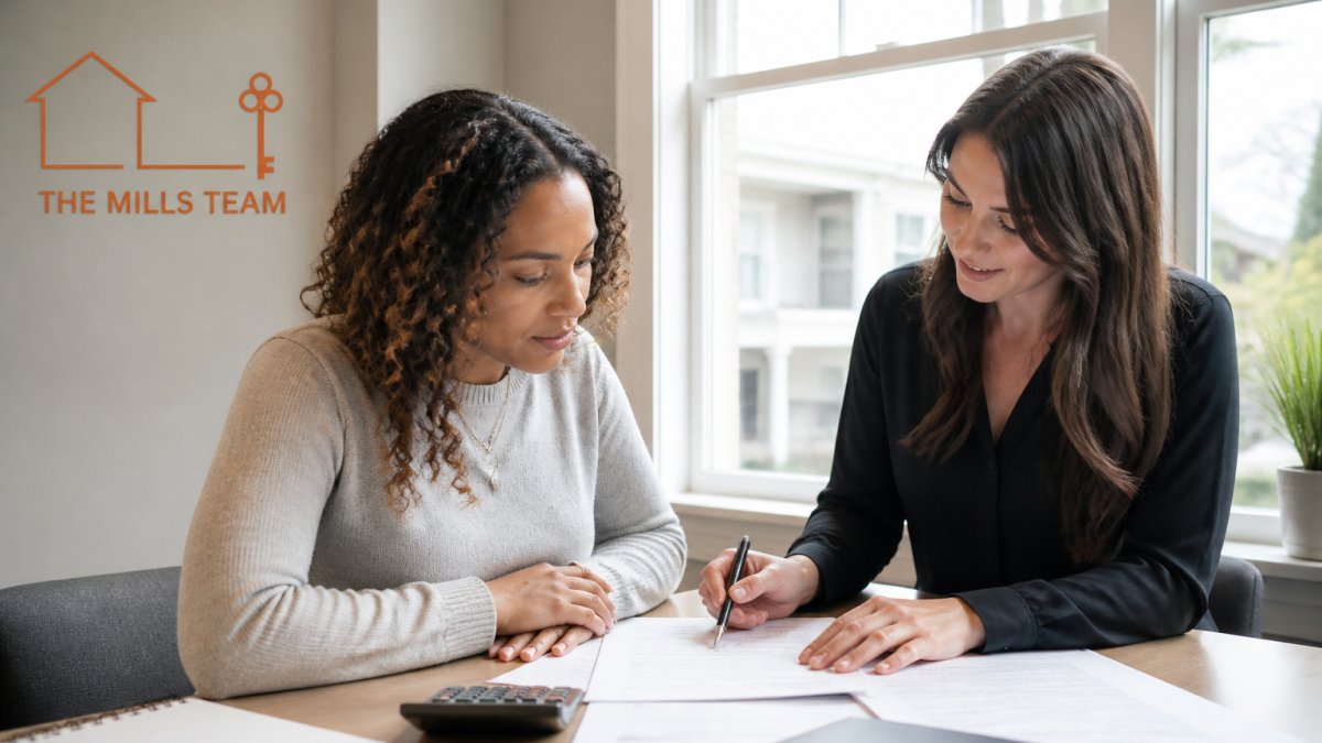 First-time homebuyer reviewing closing disclosure documents at a desk with a real estate agent pointing at line items with a pen, bright natural lighting from office window