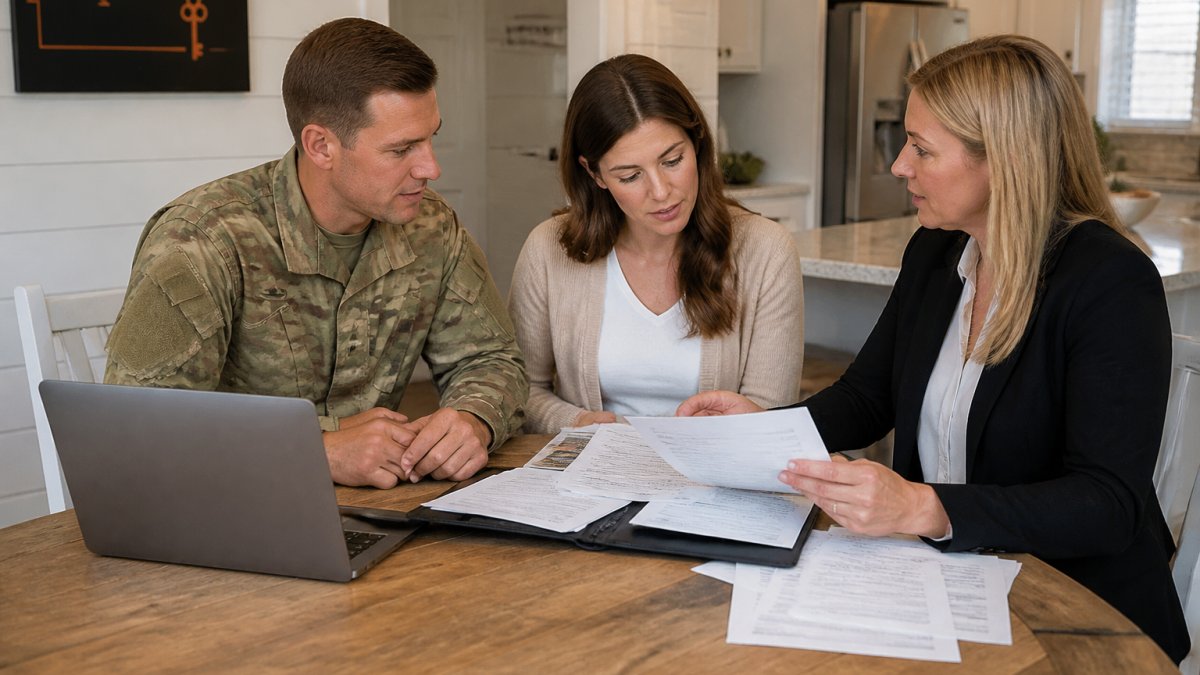 A veteran couple at a kitchen table organizing a folder of financial documents and bank statements, laptop open with a real estate agent reviewing paperwork beside them in a bright Charleston home