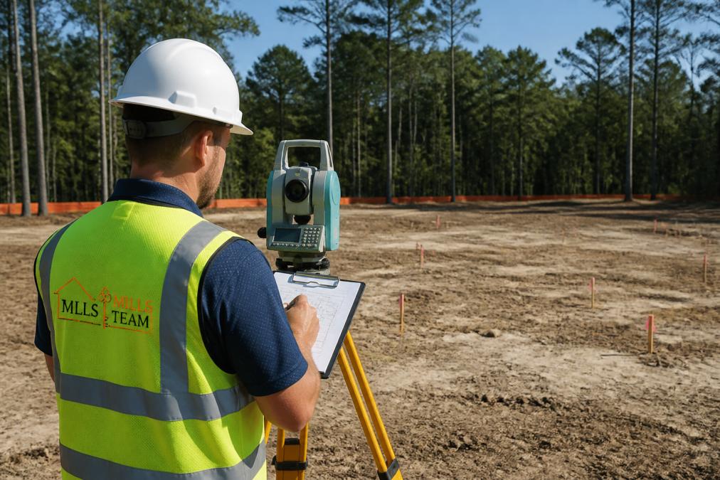Professional surveyor inspecting a vacant residential lot with measuring equipment and clipboard, showing cleared land with trees and foundation markers in natural daylight