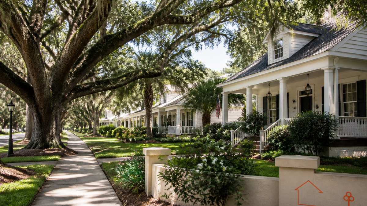 Tree-lined suburban street with charming homes, well-maintained lawns, and established oak trees creating a canopy in a close-knit residential neighborhood