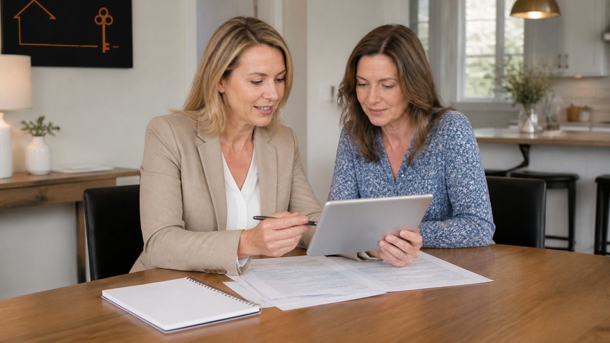 A real estate agent and a homeowner reviewing paperwork and a tablet at a kitchen table in a bright Charleston home, with a notebook and pen nearby