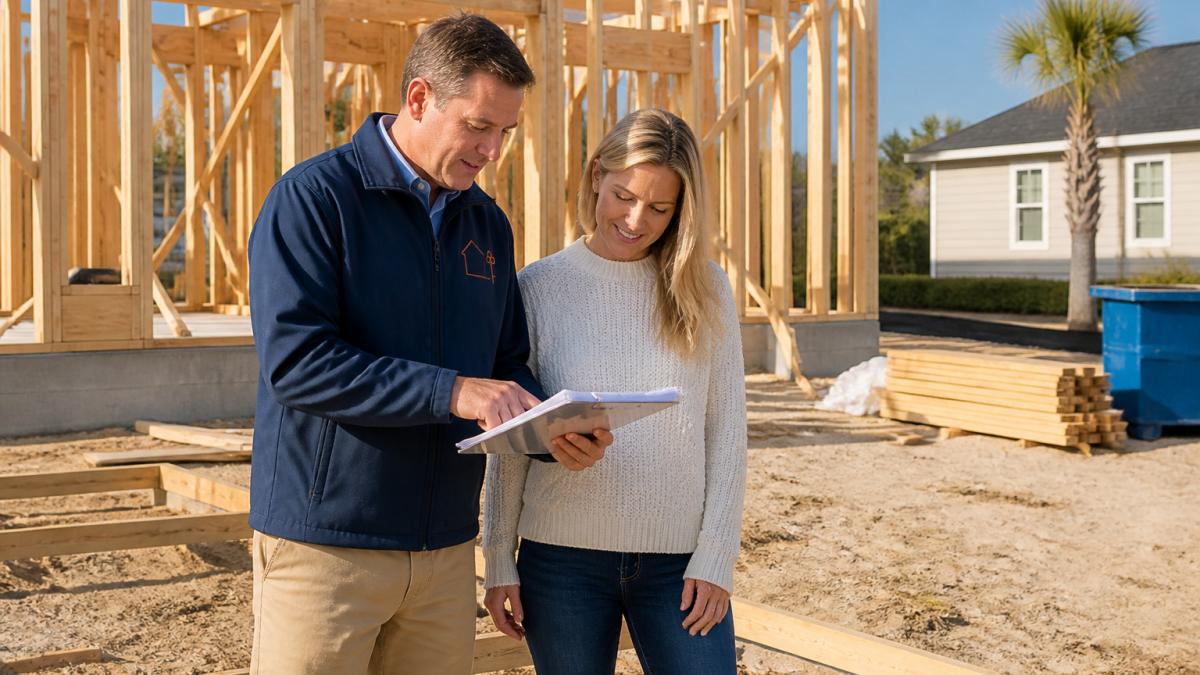 Builder and homeowner reviewing plans on a sunny new home construction site in Charleston