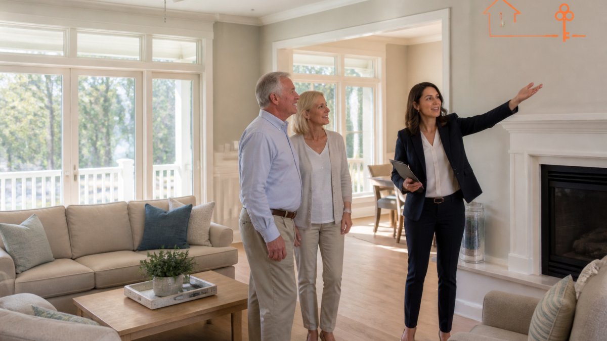 A retired couple touring a bright, single-story home with a real estate agent, pointing at features in a sunlit living room with large windows
