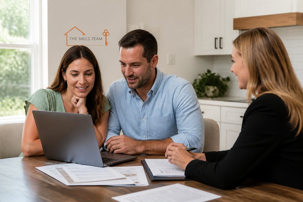 First-time homebuyer couple reviewing property listing on laptop together at home kitchen table with real estate agent documents spread out, natural afternoon lighting from window