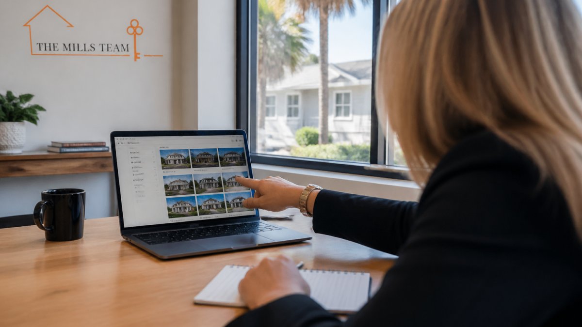 Real estate agent reviewing new construction homes without HOA listings on a computer screen in a bright office