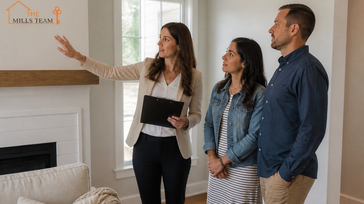 Veteran couple and agent checking a Charleston home for VA loan property requirements during a walkthrough.