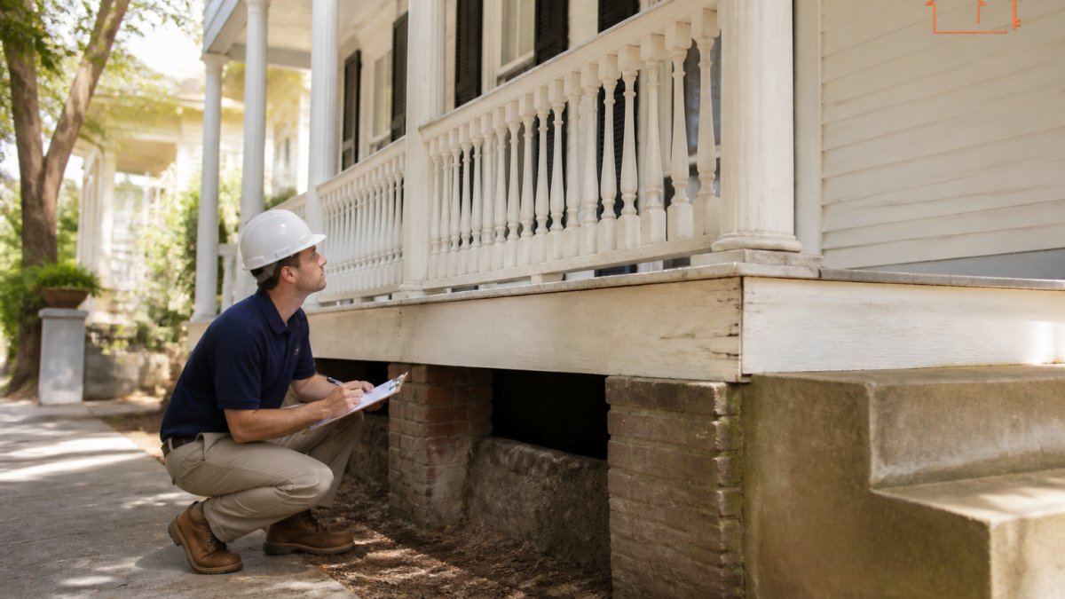 A home inspector in a hard hat examining the foundation and exterior woodwork of a historic Charleston single house with a piazza, clipboard in hand, bright morning light