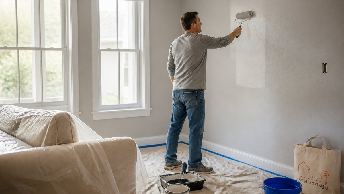 A homeowner in casual clothes painting a living room wall a neutral color, with drop cloths and paint supplies visible, bright natural light coming through windows