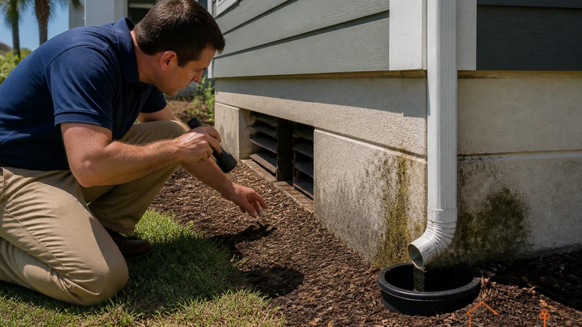 Professional home inspector examining the exterior foundation and drainage systems of a Charleston condo building on a sunny day, checking for water damage and proper grading