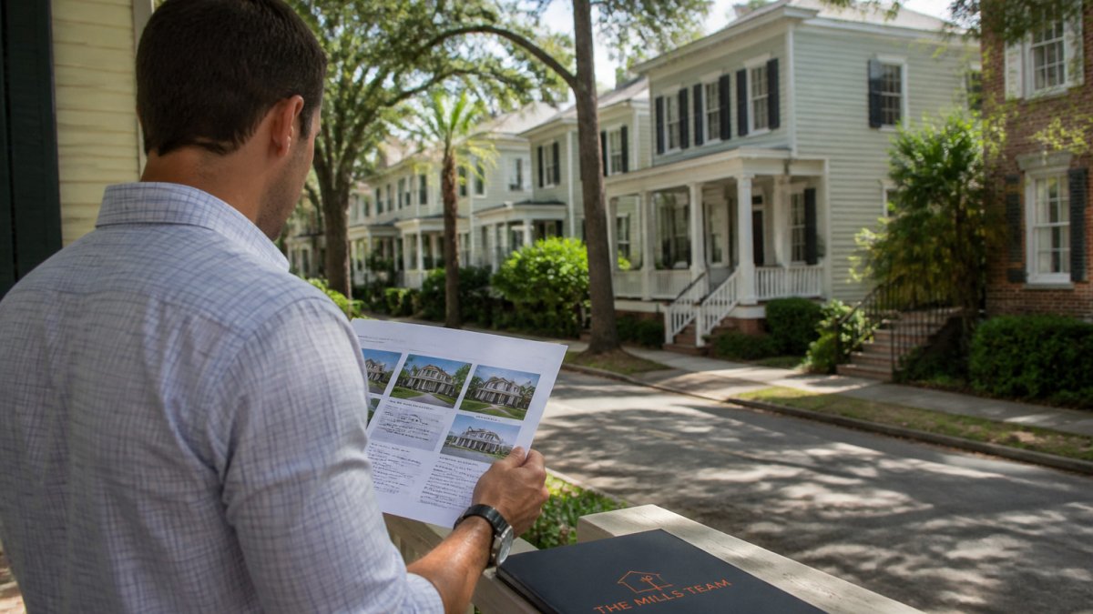 Real estate investor reviewing property listings on a sunny street of renovated homes in Charleston.