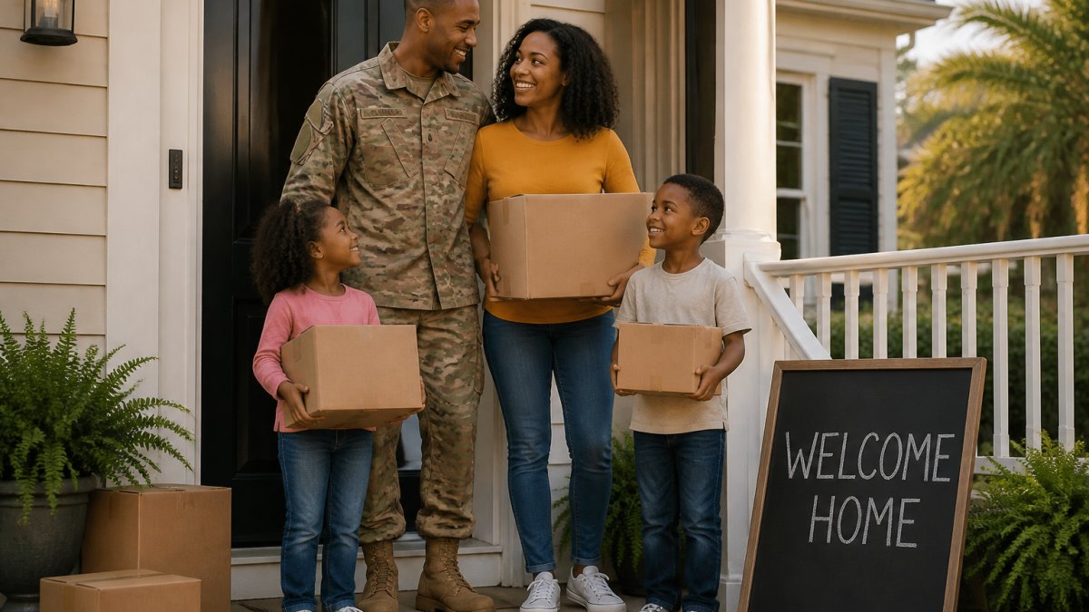 Military family holding moving boxes on a Charleston home porch while using a Charleston VA loan to relocate.