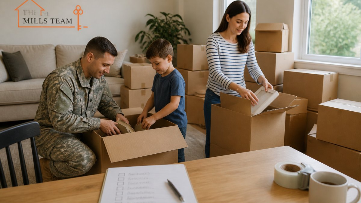 Military family packing boxes and household items in a living room, with a moving checklist visible on a nearby table