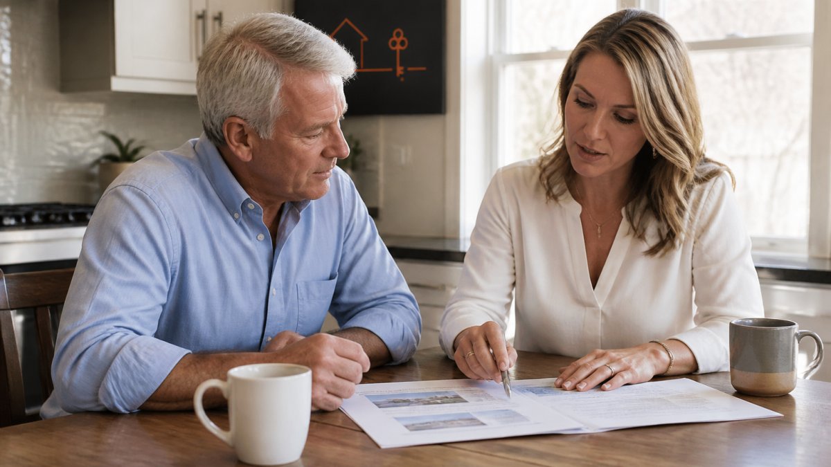 A homeowner and a real estate agent sitting across a kitchen table reviewing printed documents, morning light through a window, coffee mugs on the table