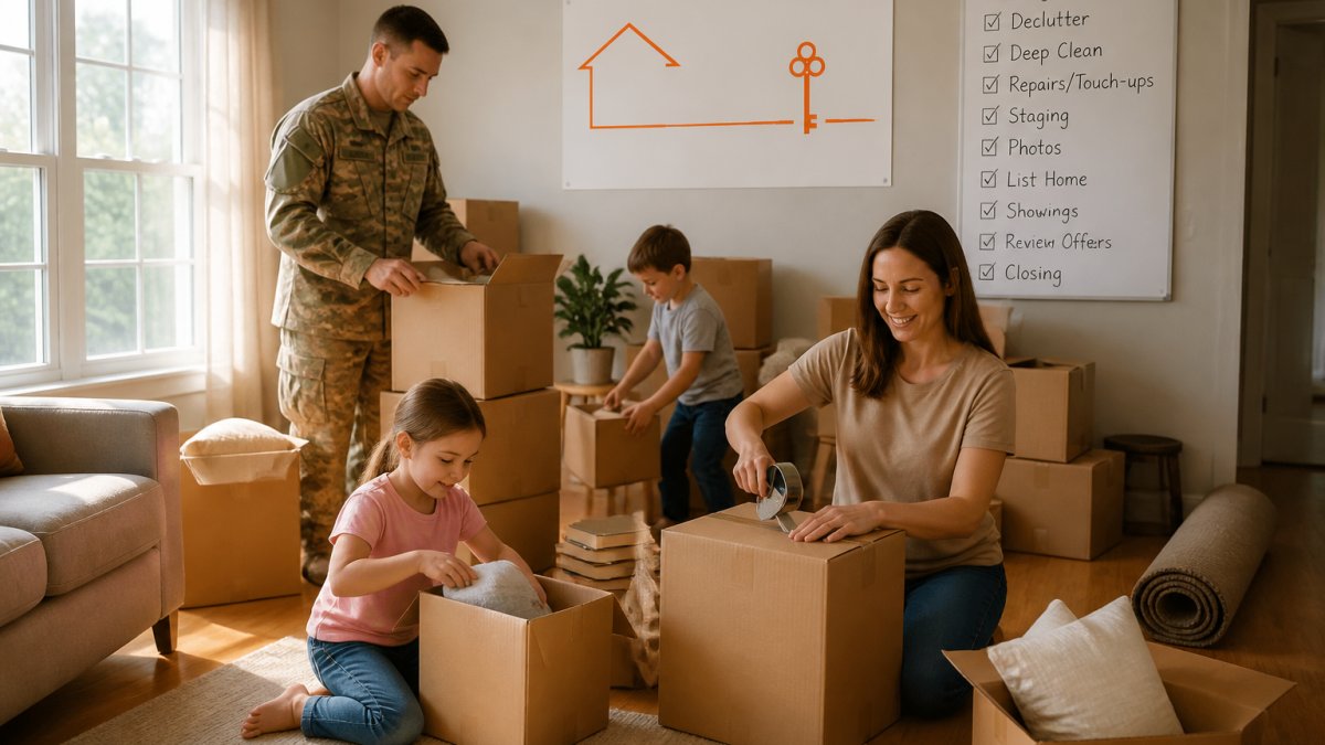 Military family efficiently packing moving boxes in a living room with a detailed moving checklist pinned to the wall, sunlight streaming through windows showing organized preparation