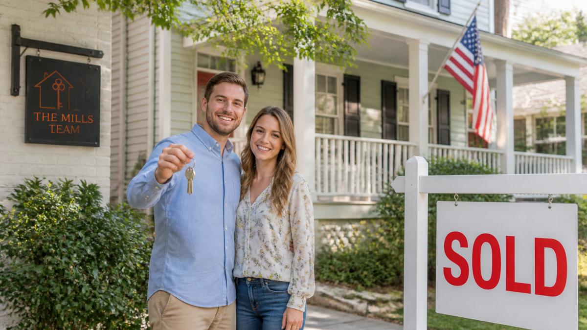 Young couple standing in front of a charming single-family home with a 'Sold' sign, smiling and holding keys in afternoon sunlight