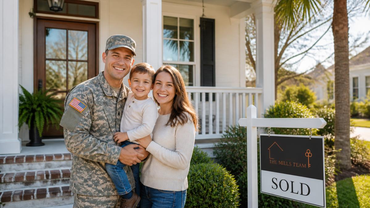 Military family standing in front of their new Charleston home, smiling together on the front porch with a 'Sold' sign visible in the yard, natural afternoon lighting