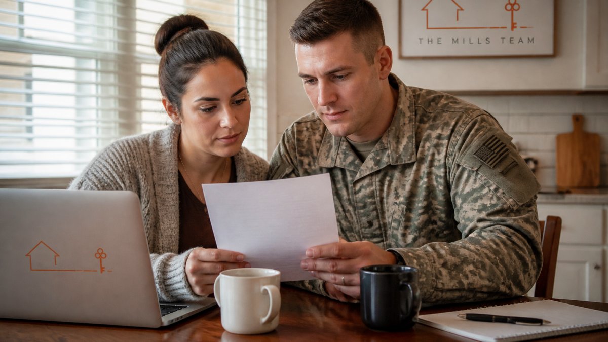 A military couple reviewing a Certificate of Eligibility document at a kitchen table with a laptop and coffee mugs, soft morning light through window blinds